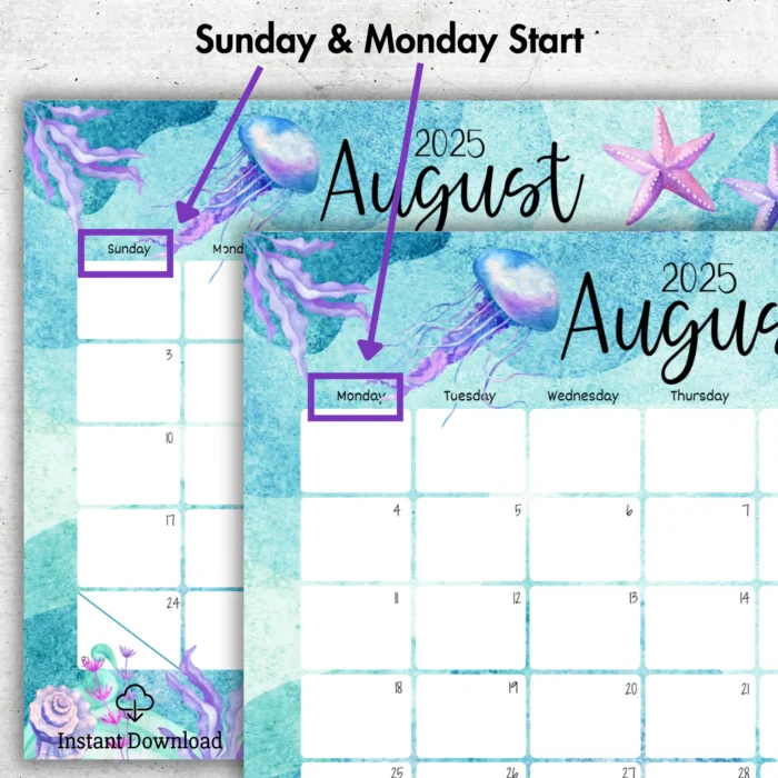 Comparison of Sunday and Monday start versions of mermaid calendar