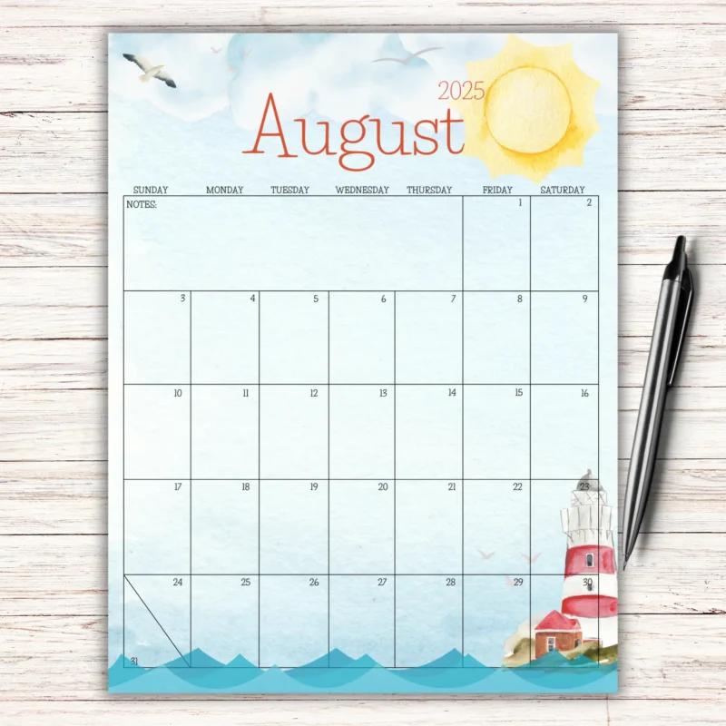 Lighthouse Theme August 2025 Calendar with watercolor lighthouse and sun illustration