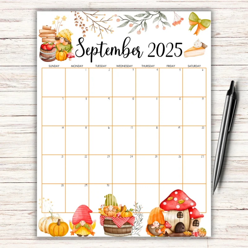 Autumn Theme September 2025 Calendar with fall leaves, pumpkins, woodland animals, and fillable PDF layout â€“Â USÂ LetterÂ size