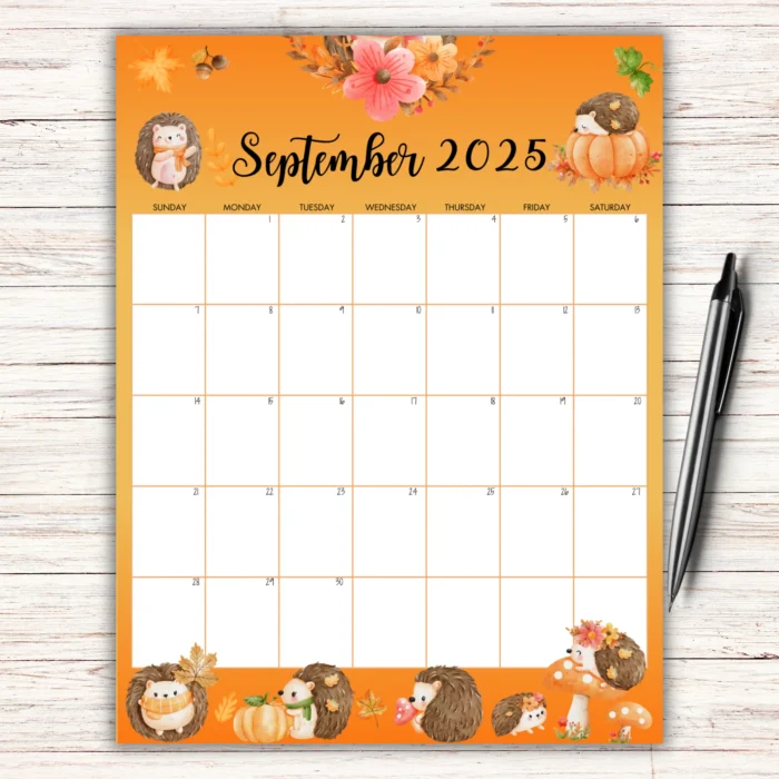 Woodland Animals September 2025 Calendar with cute hedgehogs, pumpkins, mushrooms, and fall florals â€“ US LetterÂ printableÂ PDF.