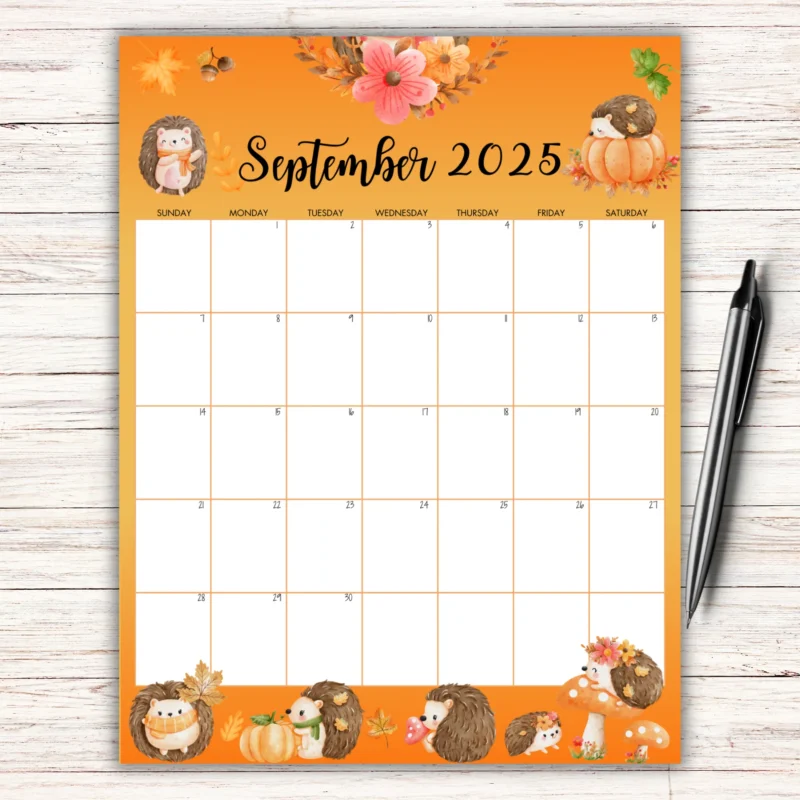Woodland Animals September 2025 Calendar with cute hedgehogs, pumpkins, mushrooms, and fall florals â€“ US LetterÂ printableÂ PDF.
