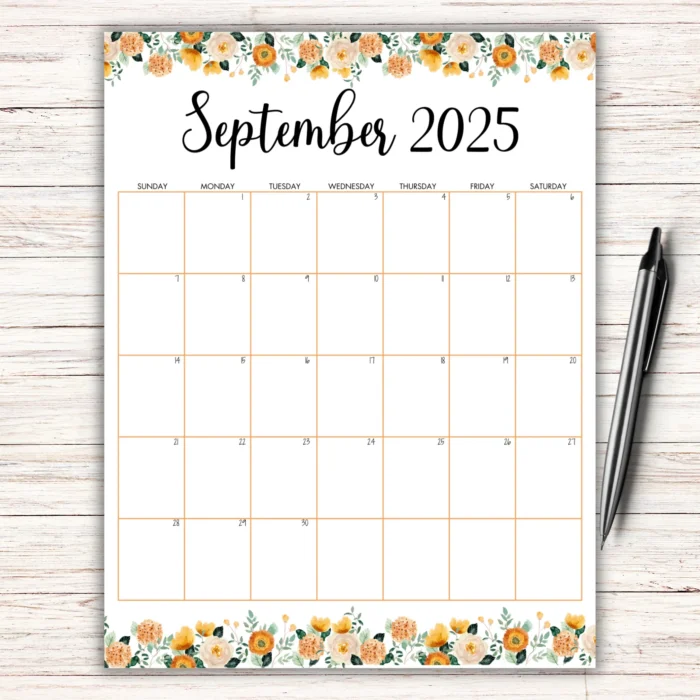 Floral Theme September 2025 Calendar with floral border in orange tones, US Letter size, Sunday start