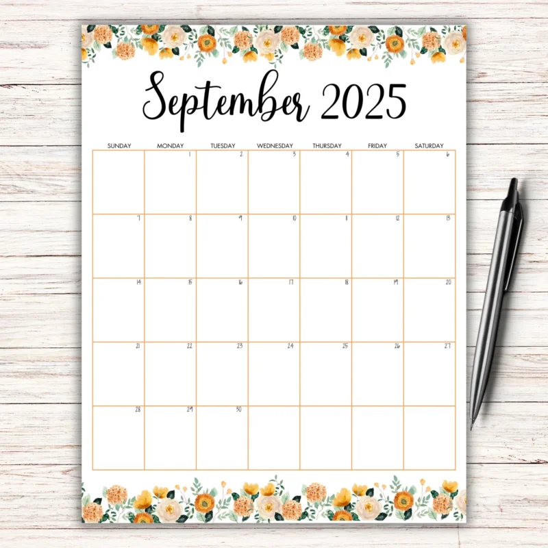 Floral Theme September 2025 Calendar with floral border in orange tones, US Letter size, Sunday start