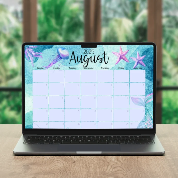 August 2025 mermaid calendar on laptop screen, digital use