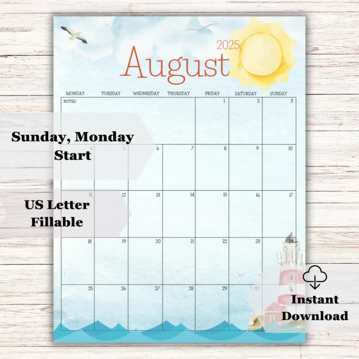 Fillable August 2025 monthly planner with coastal theme