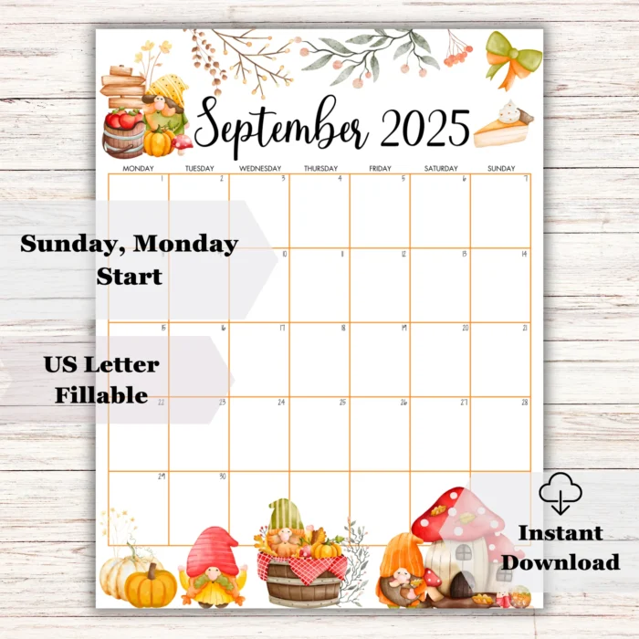 Autumn Theme September 2025 Calendar with fall leaves, pumpkins, woodland animals, and fillable PDF layout â€“Â USÂ LetterÂ size