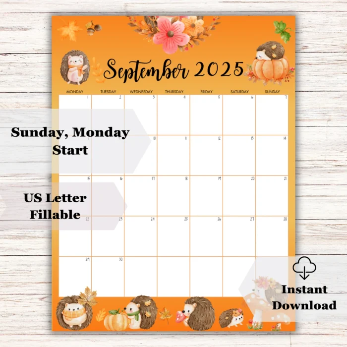 Editable September 2025 Calendar with bright sunflower illustrations â€“ US Letter size fillable PDF in Sunday and Monday start versions.