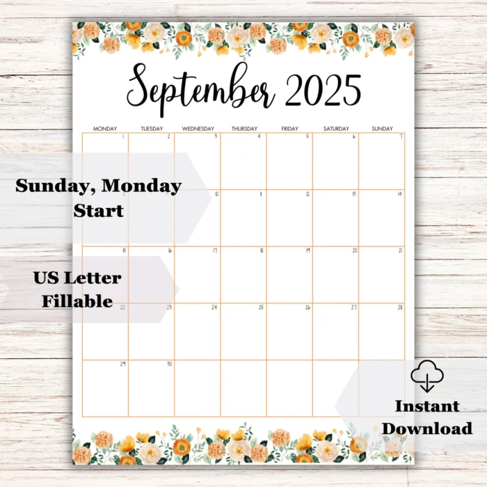 Floral Theme September 2025 Calendar - Fillable PDF, Sunday & Monday Start Included - Image 2