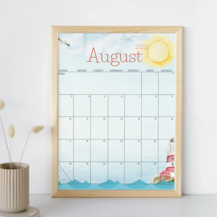 Framed printable calendar for August 2025 with seaside vibe