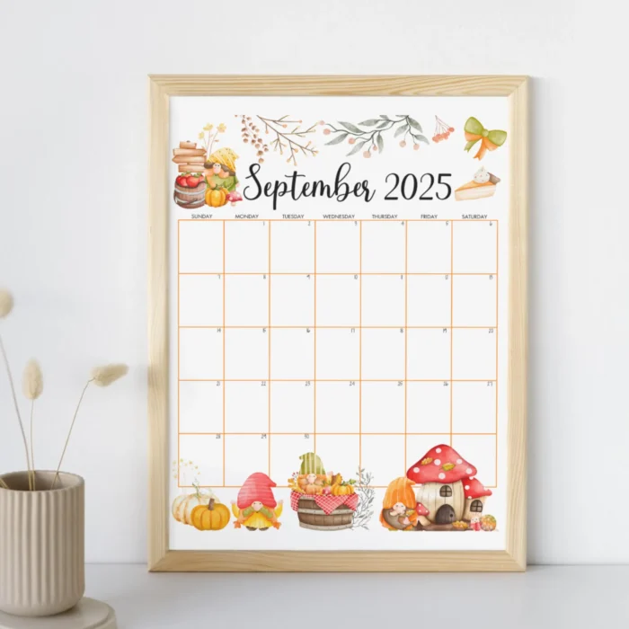 Autumn Theme September 2025 Calendar with fall leaves, pumpkins, woodland animals, and fillable PDF layout â€“Â USÂ LetterÂ size