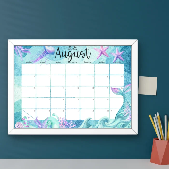 Framed print version of August 2025 calendar with mermaid tail and underwater theme