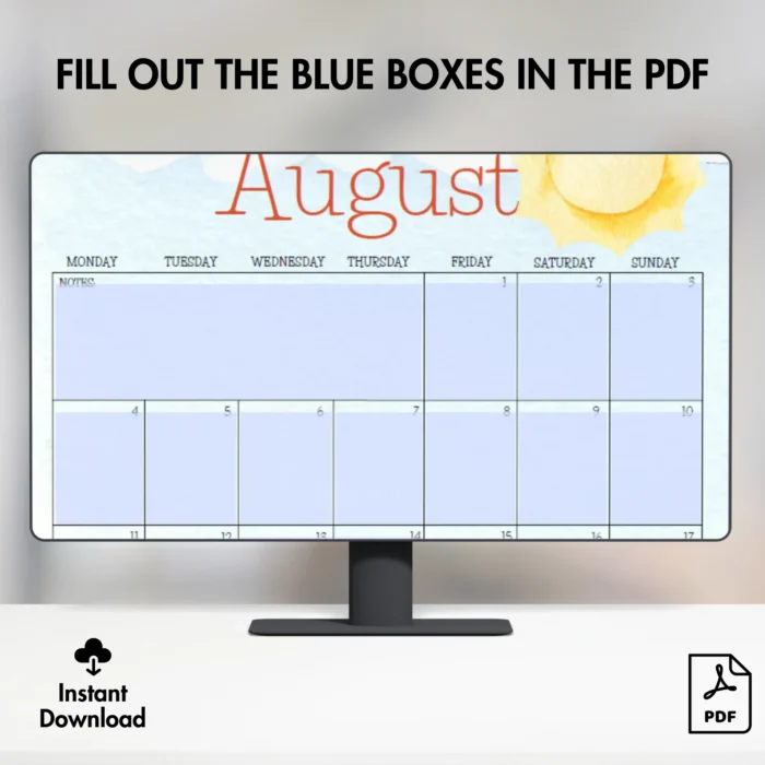 Digital calendar preview with fillable blue boxes