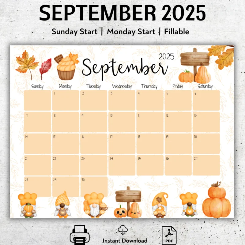 Whimsical September 2025 Calendar â€“ Printable and Fillable PDF with cute fall gnomeÂ illustrations