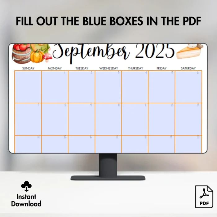 Autumn Theme September 2025 Calendar fillable PDF layout â€“Â USÂ LetterÂ size