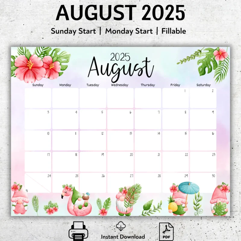 August 2025 gnome calendar with tropical summer design