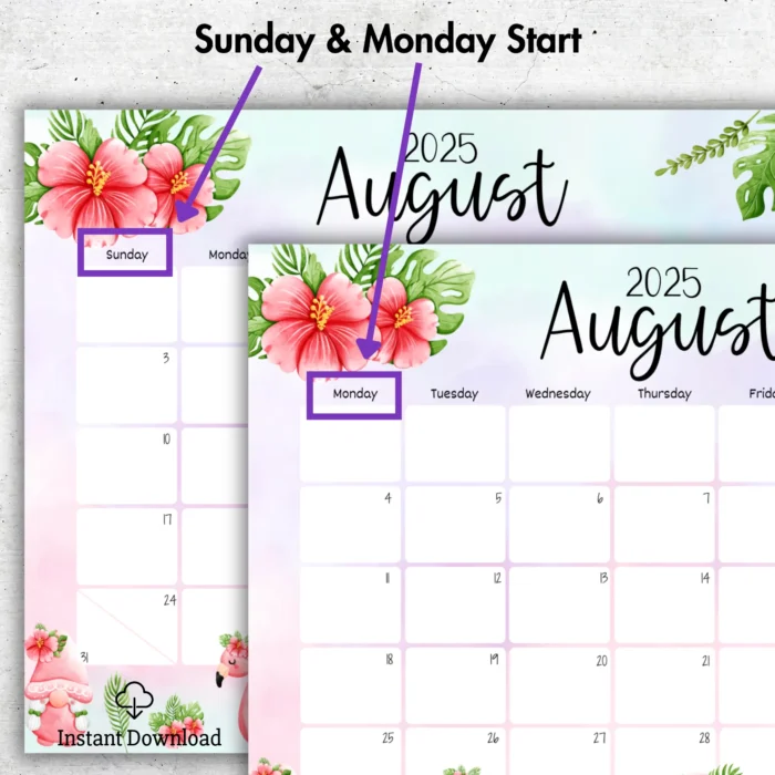 Comparison of Sunday and Monday start versions of August gnome calendar