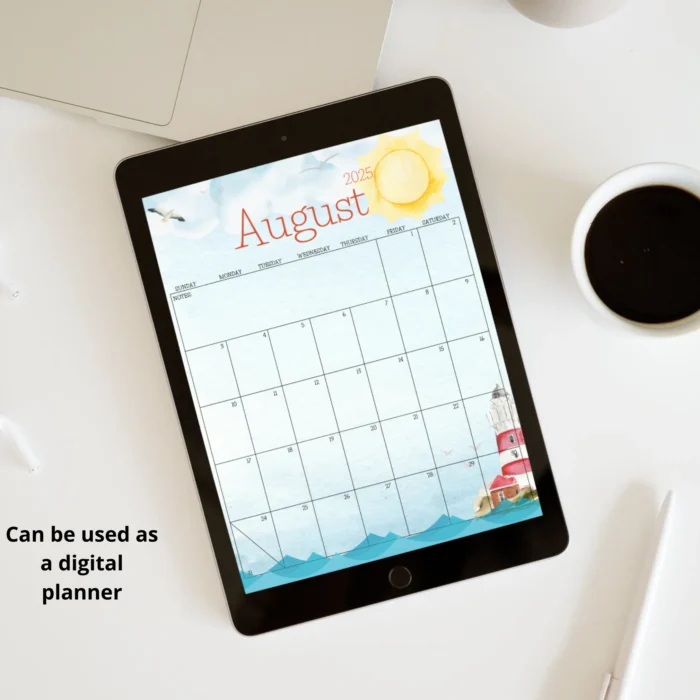 Lighthouse-themed August planner on tablet