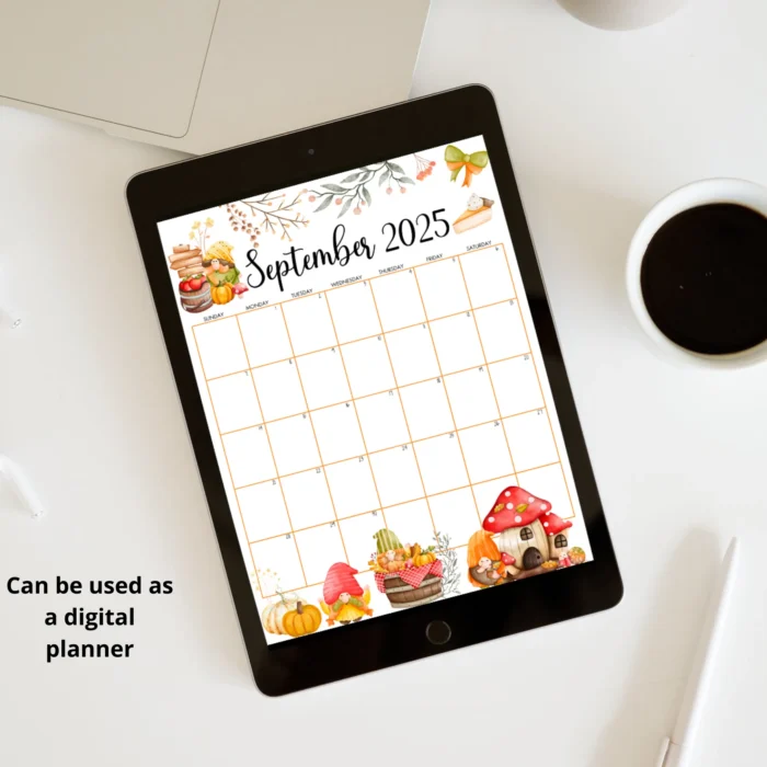 Autumn Theme September 2025 Calendar on the tablet screen