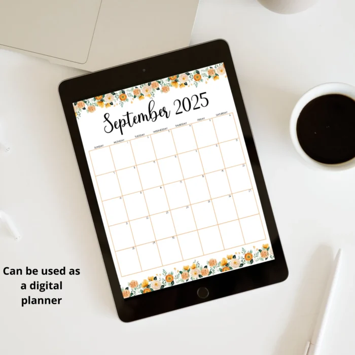 September 2025 calendar with orange floral design used on a tablet, ideal for digital planning andÂ organization