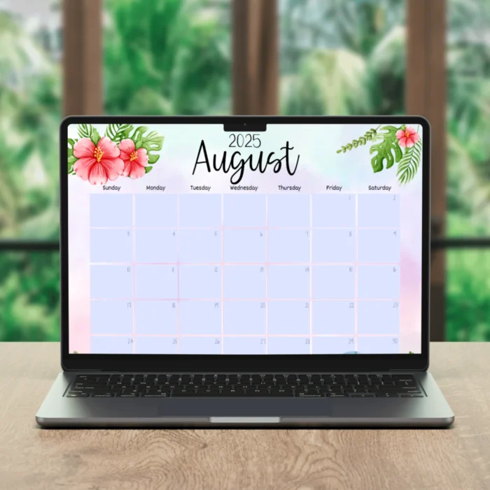 Fillable August 2025 calendar on a laptop screen with pastel colors