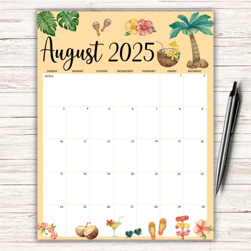 Tropical August 2025 Calendar Printable Calendar in wooden frame â€“ US Letter size with colorful summer icons.