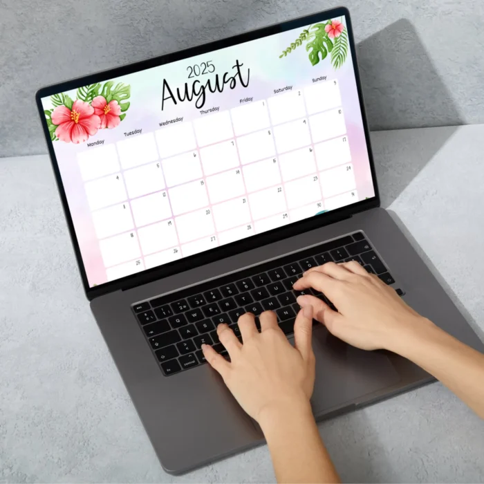 Person typing plans on a digital gnome-themed calendar