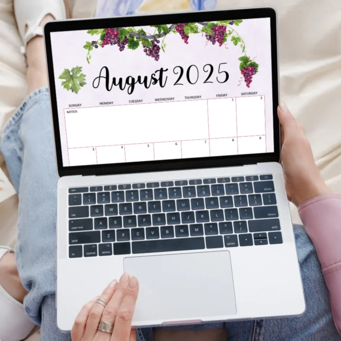 Editable August 2025 calendar shown on desktop screen