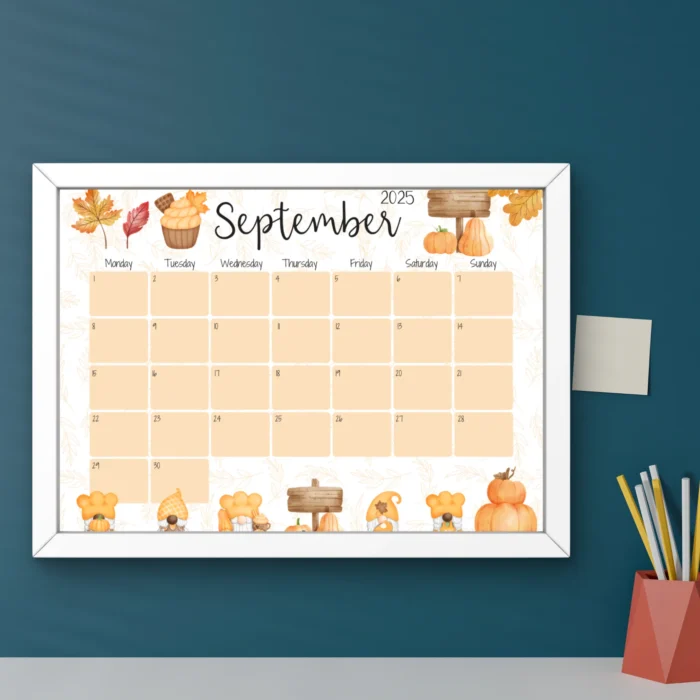 Whimsical September 2025 Calendar â€“ Printable and Fillable PDF with cute fall gnomeÂ illustrations