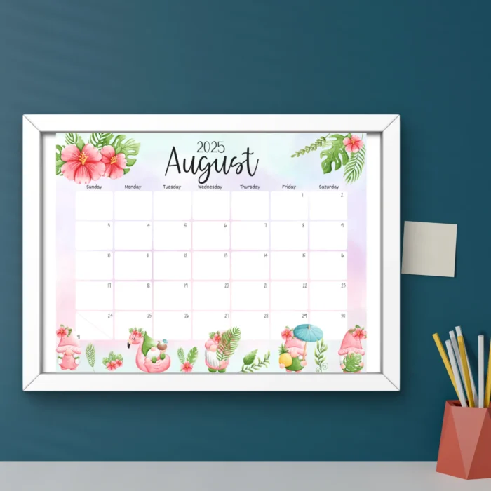 Printed and framed August 2025 gnome calendar as wall decor