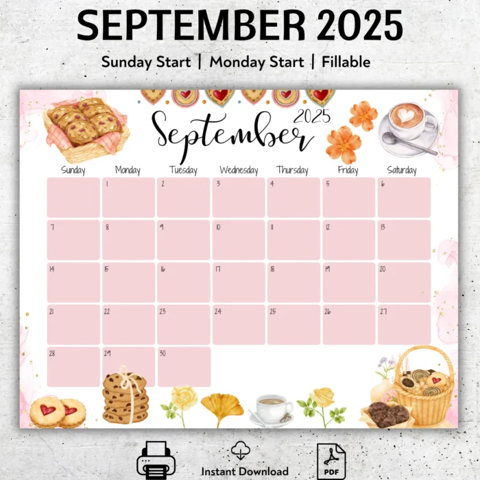 Bakery themed September 2025 calendar with pink grid and watercolor cookies, editableÂ PDFÂ format