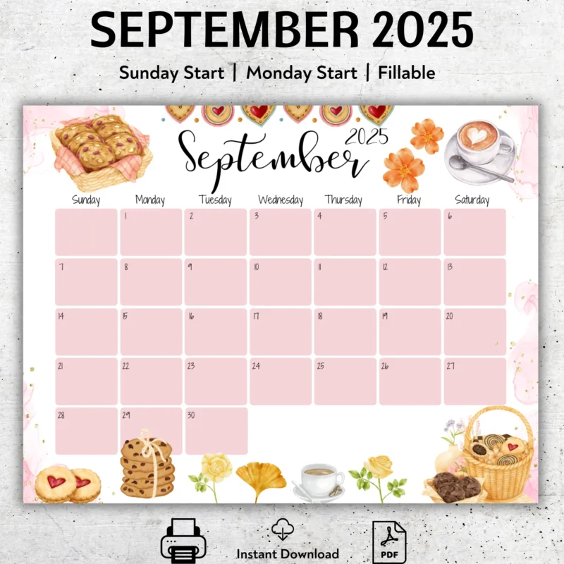 Bakery themed September 2025 calendar with pink grid and watercolor cookies, editableÂ PDFÂ format