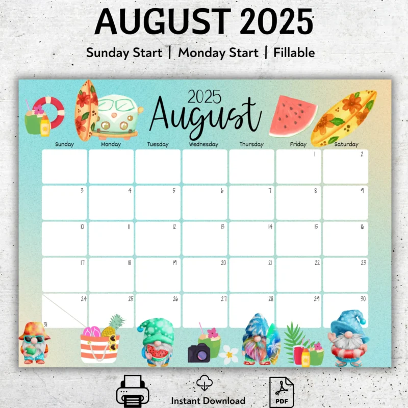 August 2025 Summer Gnome Calendar with beach gnome theme and tropical decor