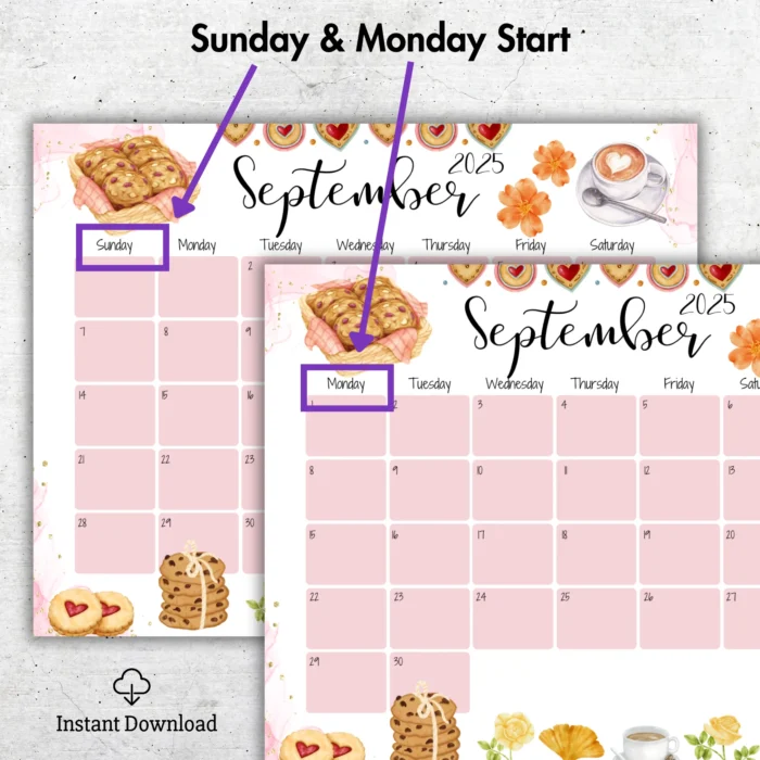 Bakery themed September 2025 calendar with pink grid and watercolor cookies, editableÂ PDFÂ format