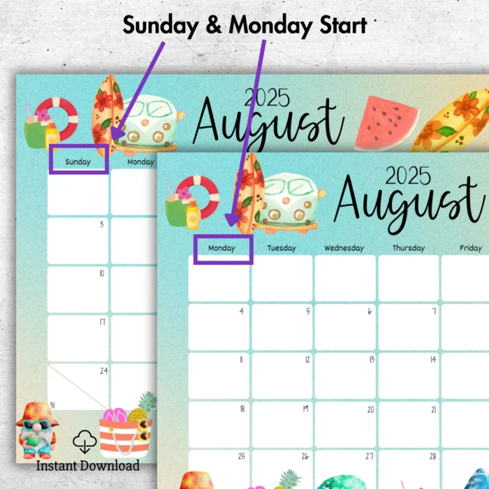 Comparison of Sunday vs Monday start options in summer gnome calendar