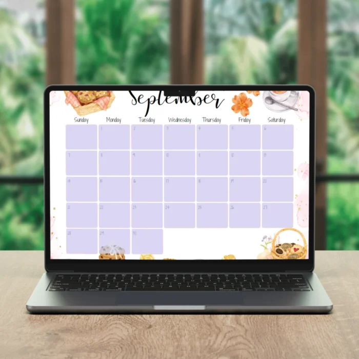Bakery themed September 2025 calendar with pink grid and watercolor cookies, editableÂ PDFÂ format