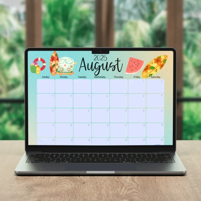 Fillable PDF calendar on laptop with beach and summer illustrations