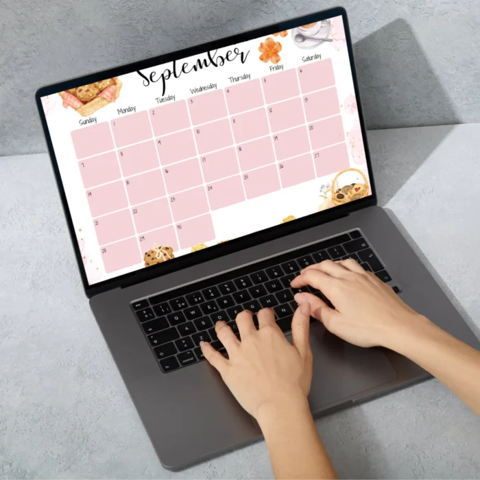 Bakery themed September 2025 calendar with pink grid and watercolor cookies, editableÂ PDFÂ format