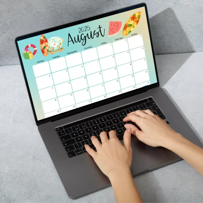 Hands typing on digital August calendar with summer design
