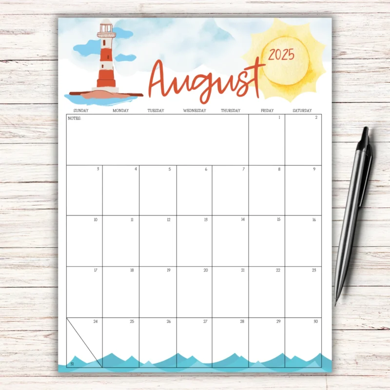 Coastal August 2025 Calendar with Lighthouse Illustration â€“ Fillable PDF Monthly Planner