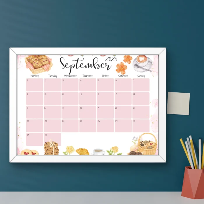 Bakery themed September 2025 calendar with pink grid and watercolor cookies, editableÂ PDFÂ format