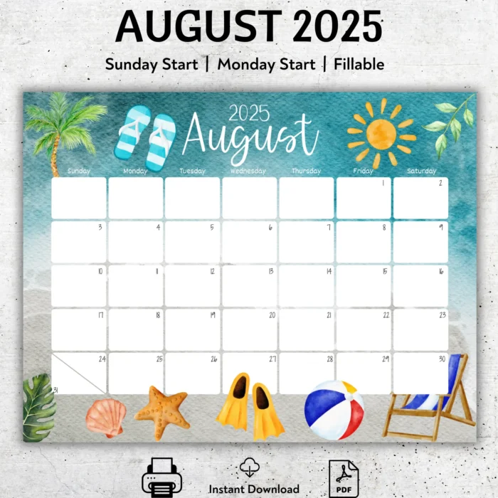 August 2025 Beach Theme Calendar â€“ Printable & Fillable Monthly Layout with Summer Illustrations