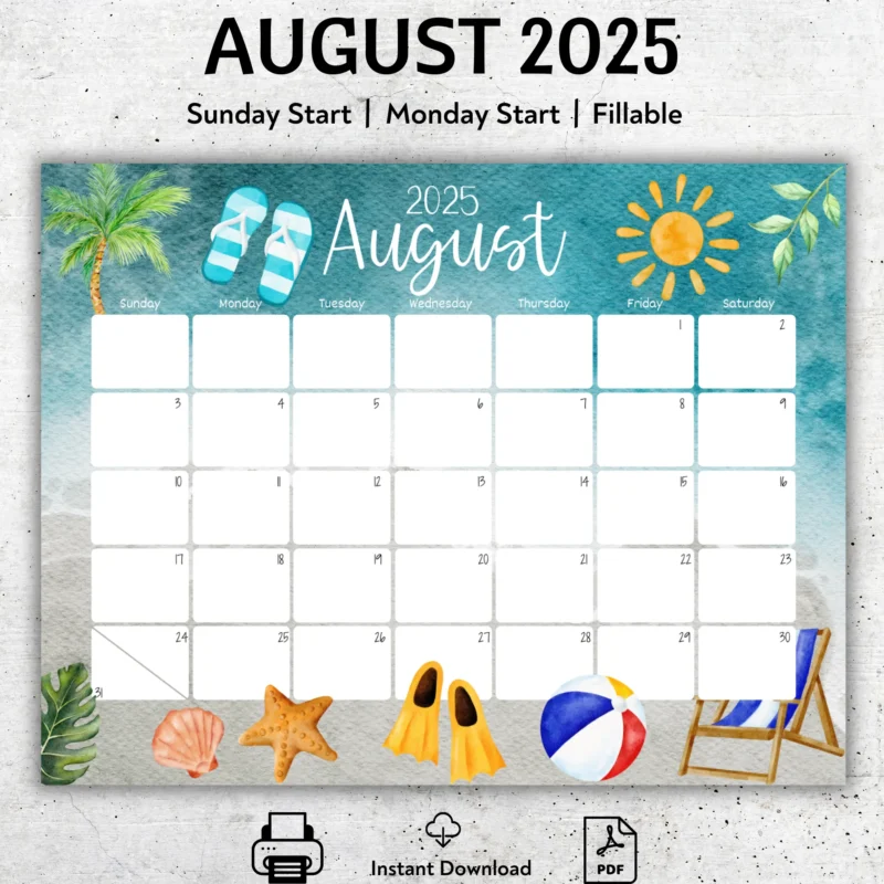 August 2025 Beach Theme Calendar â€“ Printable & Fillable Monthly Layout with Summer Illustrations