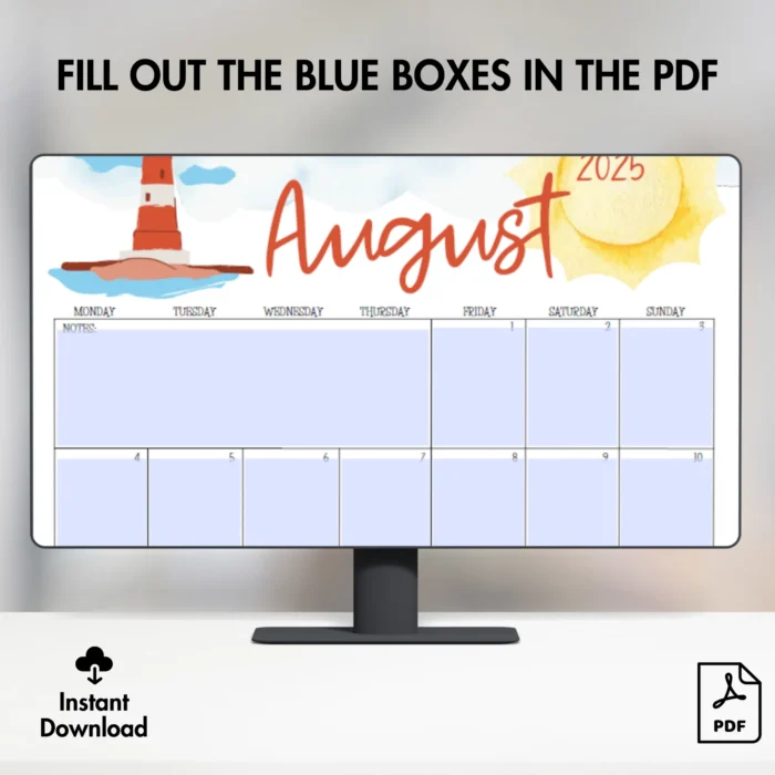 Coastal August 2025 Calendar Fillable PDF