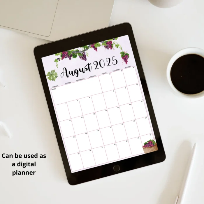 August calendar on digital tablet with grapes artwork