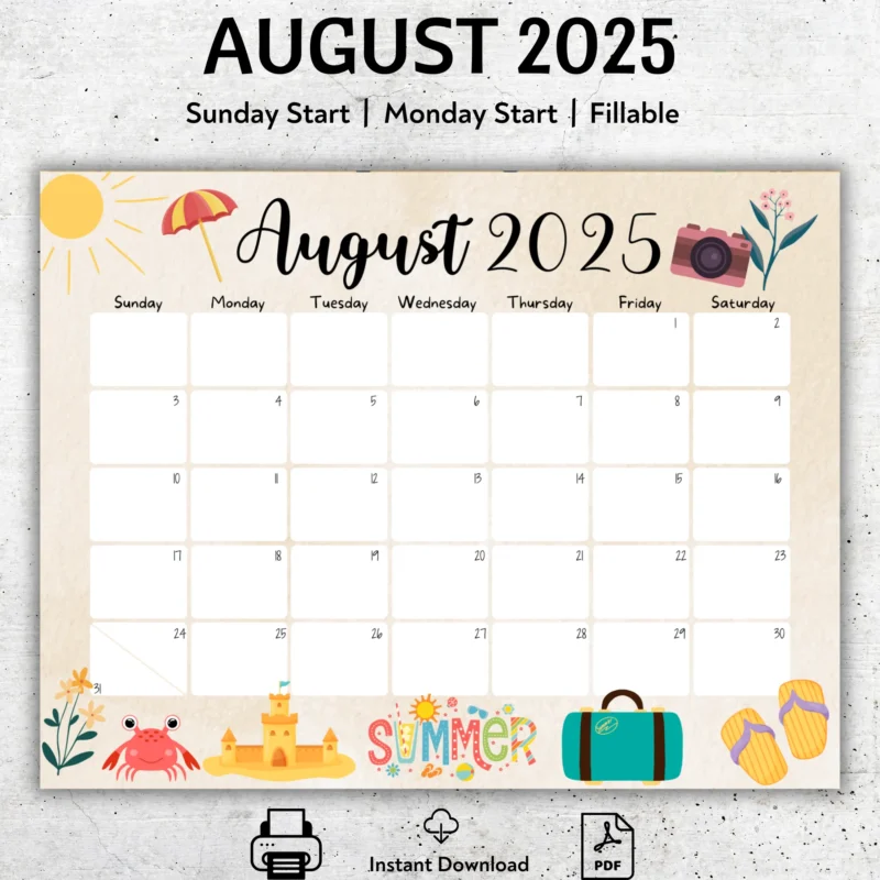 Fun Summer August 2025 Calendar â€“ Sunday Start PDF