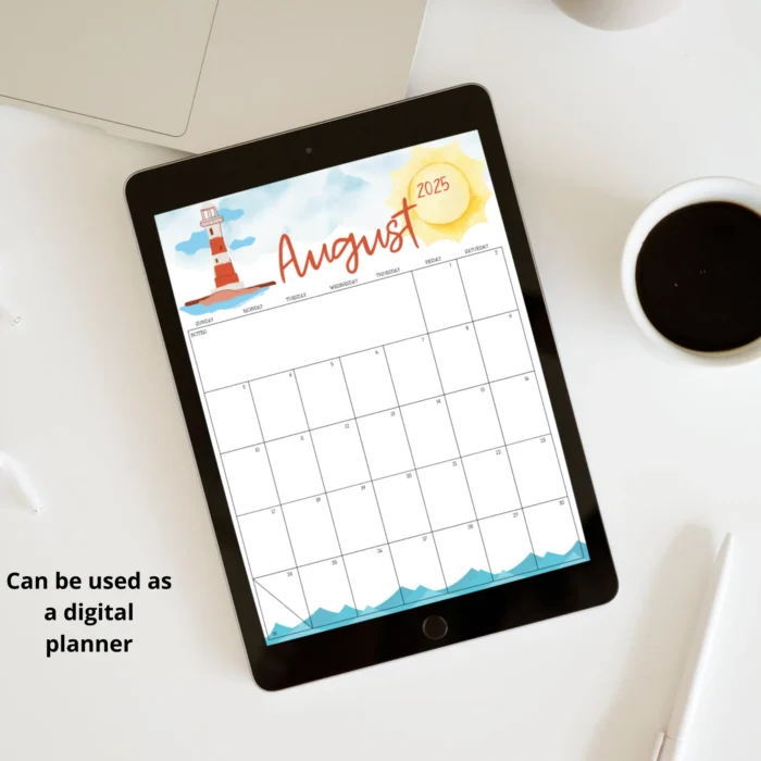 Coastal August 2025 Calendar, for digital use