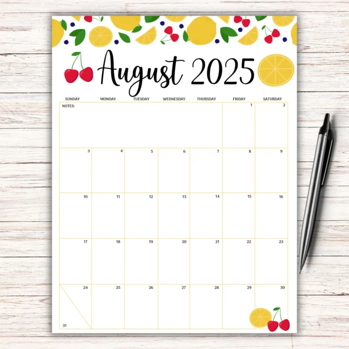 Colorful August 2025 Calendar Printable â€“ Fillable PDF with fruit theme design on tablet