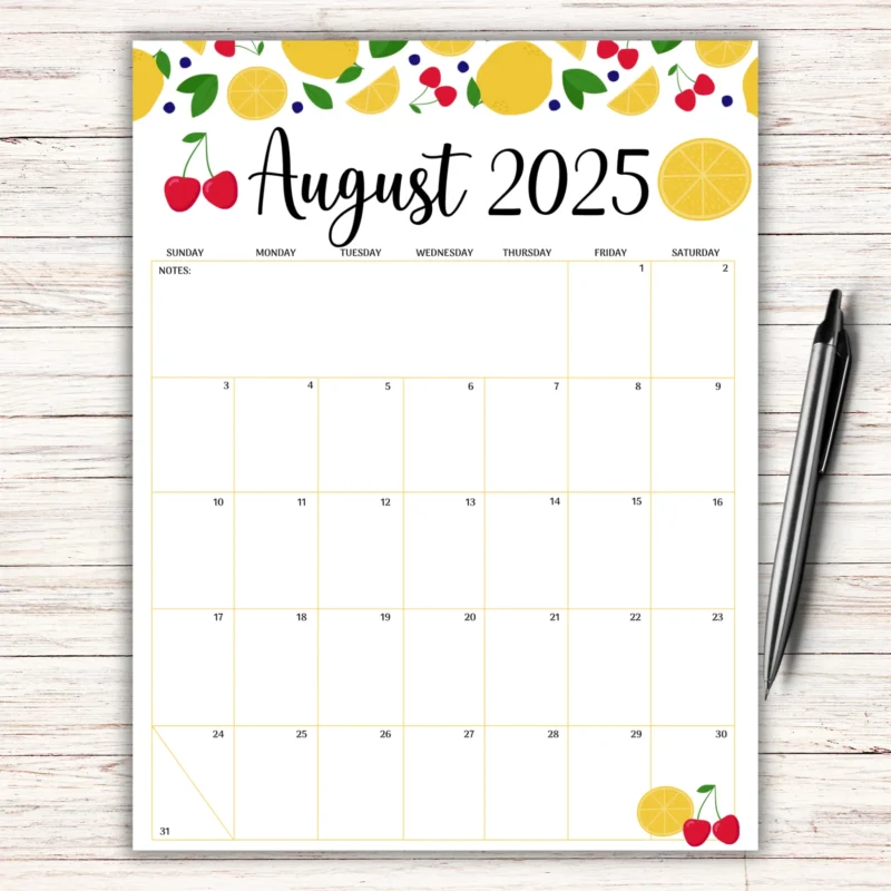 Colorful August 2025 Calendar Printable â€“ Fillable PDF with fruit theme design on tablet