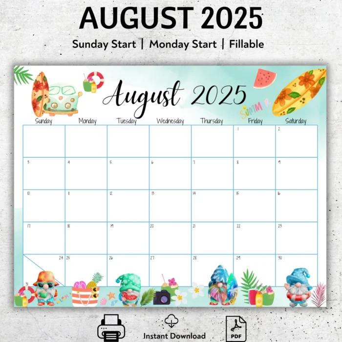 August 2025 printable calendar for kids with summer theme, gnome illustrations, and fillable PDF layout.