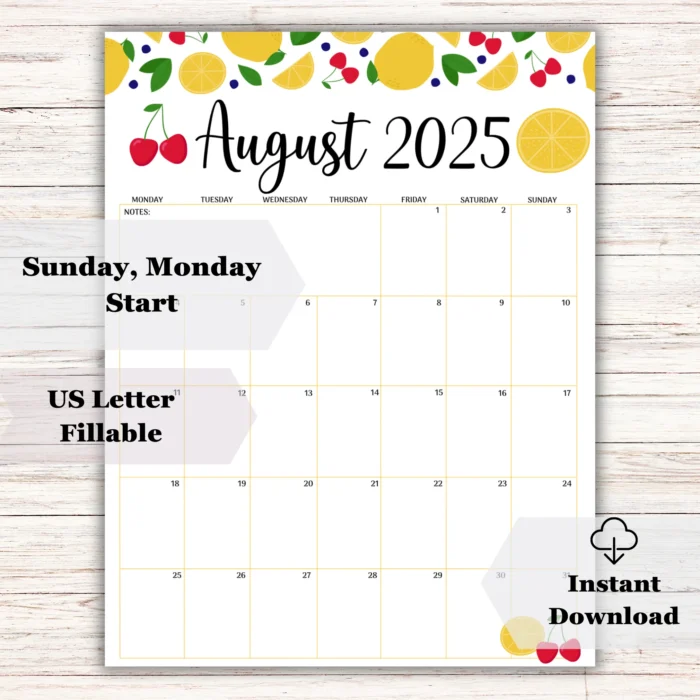 Colorful August 2025 Calendar Printable â€“ Fillable PDF with fruit theme design on tablet